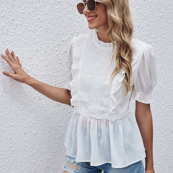 boho white ruffle lace peplum top frill neck - Picture 3 of 5